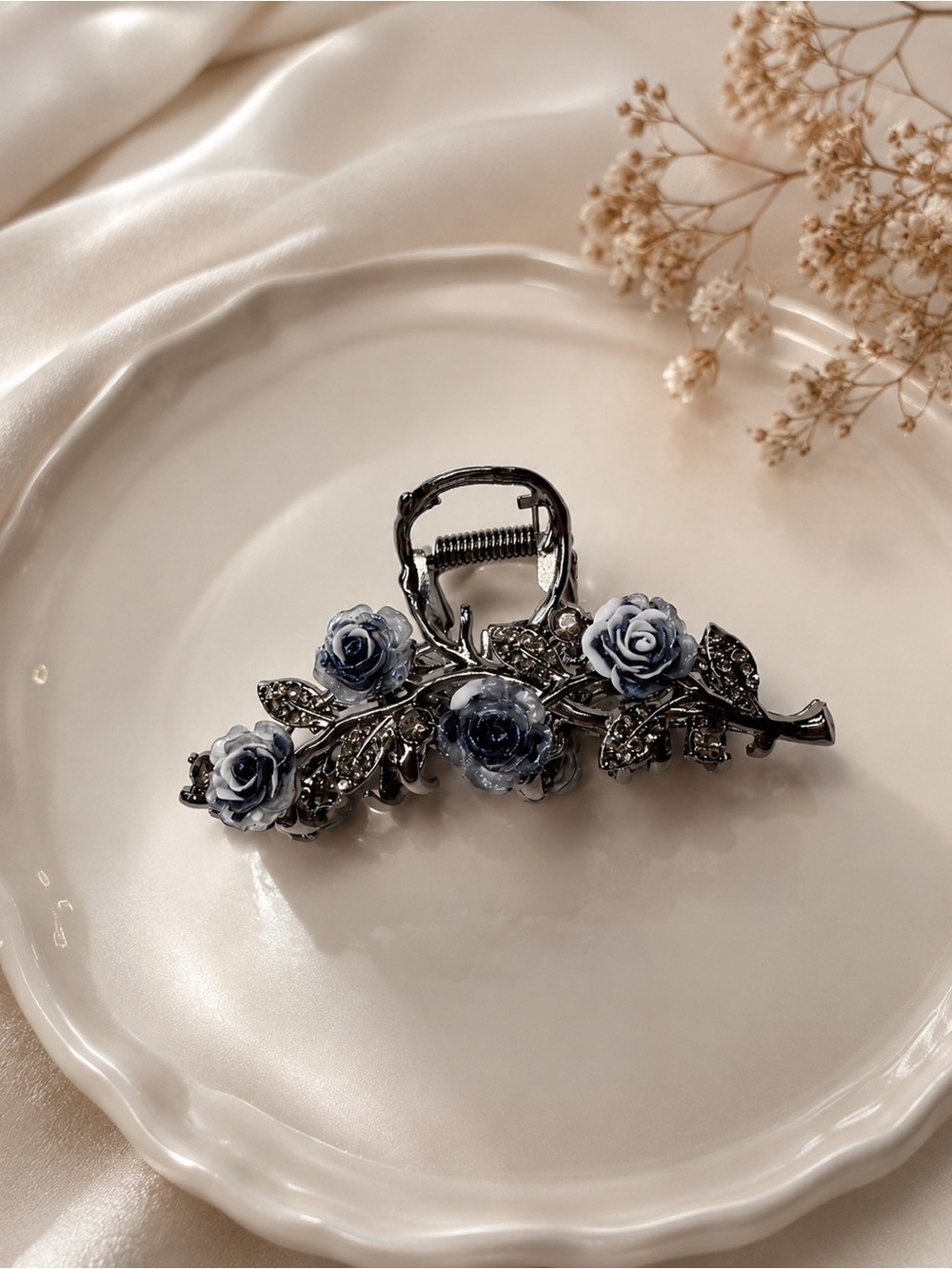 Blue Rose Rhinestone Floral Hair Claw Clip Goth Coquette